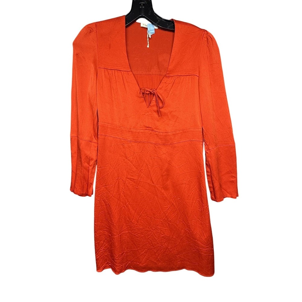 Maje Dress Womens 1 Red V Neck Long Slit Sleeve Shift Short Casual Boho Chic